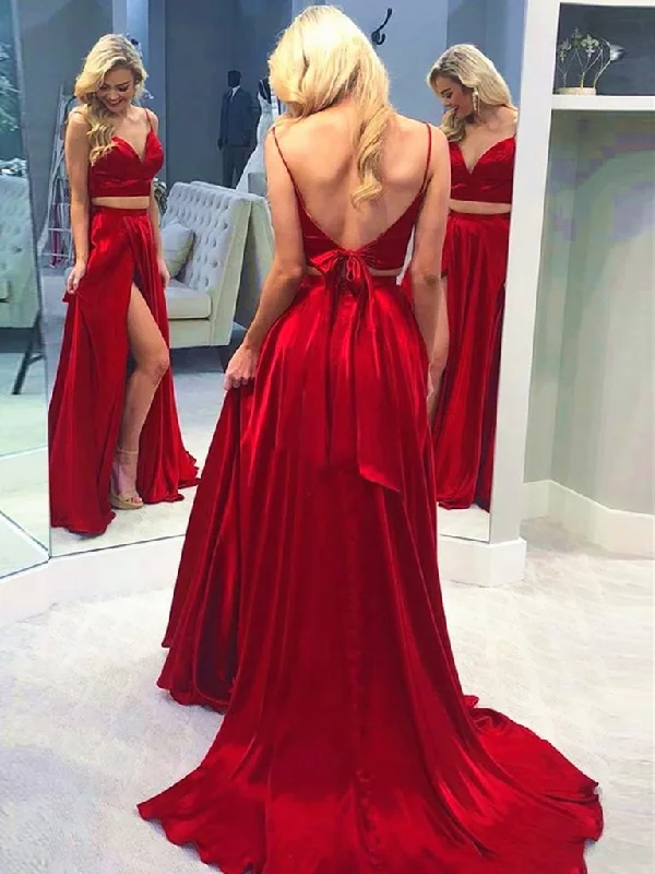 V Neck Red 2 Pieces Prom Dresses With Leg Slit, Two Pieces Red Long Formal Evening Dresses V Neck Red 2 Pieces Prom Dresses With Leg Slit, Two Pieces Red Long Formal Evening Dresses