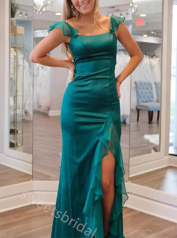 Emerald Ruffle Sleeveless Side Slit Mermaid Floor Length Prom Dress,SWS2378