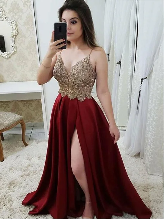 V Neck Burgundy Lace Long Prom Dress With Leg Slit, Burgundy Lace Formal Evening Dress V Neck Burgundy Lace Long Prom Dress With Leg Slit, Burgundy Lace Formal Evening Dress