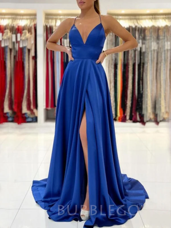 A-line Royal Blue Satin Spaghetti Straps Long Evening Prom Dresses Cheap Custom Prom Dresses, MR7711 A-line Royal Blue Satin Spaghetti Straps Long Evening Prom Dresses Cheap Custom Prom Dresses, MR7711