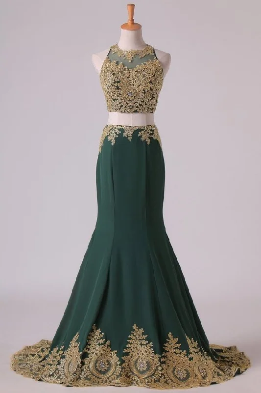 2024 Dark Green Mermaid Two-Piece Prom Dresses Scoop Sweep/Brush Chiffon With Gold P4R9BQRH 2024 Dark Green Mermaid Two-Piece Prom Dresses Scoop Sweep/Brush Chiffon With Gold P4R9BQRH