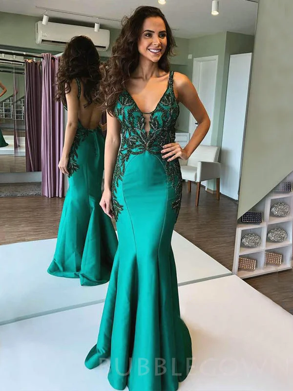 Mermaid Green Satin Beaded V Neck Appliques Long Backless Evening Prom Dresses, Cheap Custom prom dresses, MR7669 Mermaid Green Satin Beaded V Neck Appliques Long Backless Evening Prom Dresses, Cheap Custom prom dresses, MR7669