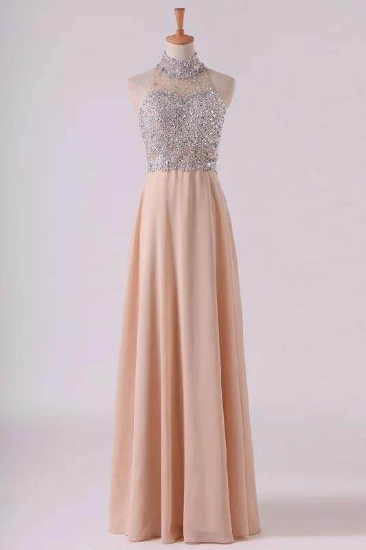 2024 High Neck Prom Dresses A Line Chiffon With Beading Sweep PHHNSF3P