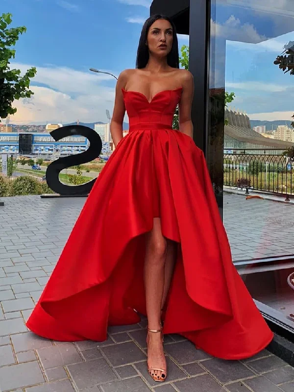 Sweetheart Neck Red High Low Prom Dresses, High Low Red Formal Graduation Evening Dresses Sweetheart Neck Red High Low Prom Dresses, High Low Red Formal Graduation Evening Dresses