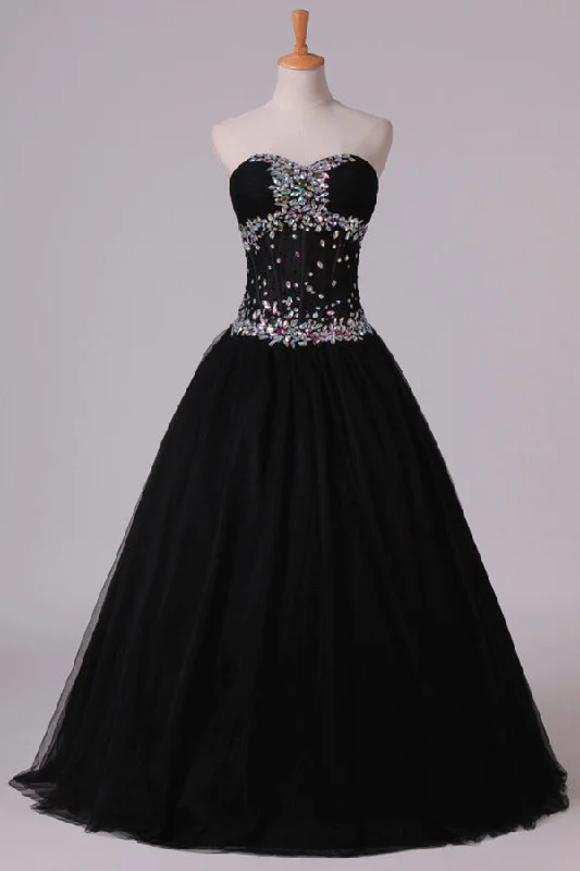 2024 Prom Dresses Ball Gown Black Sweetheart Tulle With Rhinestone Floor PYYD4HKE