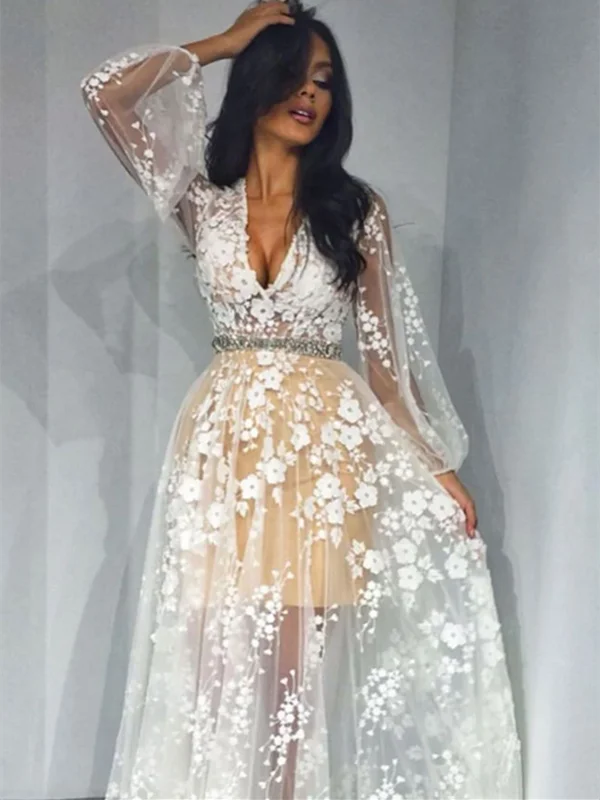 Unique Champagne Tulle White Applique Long Prom Dress, Long Sleeves Tulle White Applique Long Evening Dress Unique Champagne Tulle White Applique Long Prom Dress, Long Sleeves Tulle White Applique Long Evening Dress