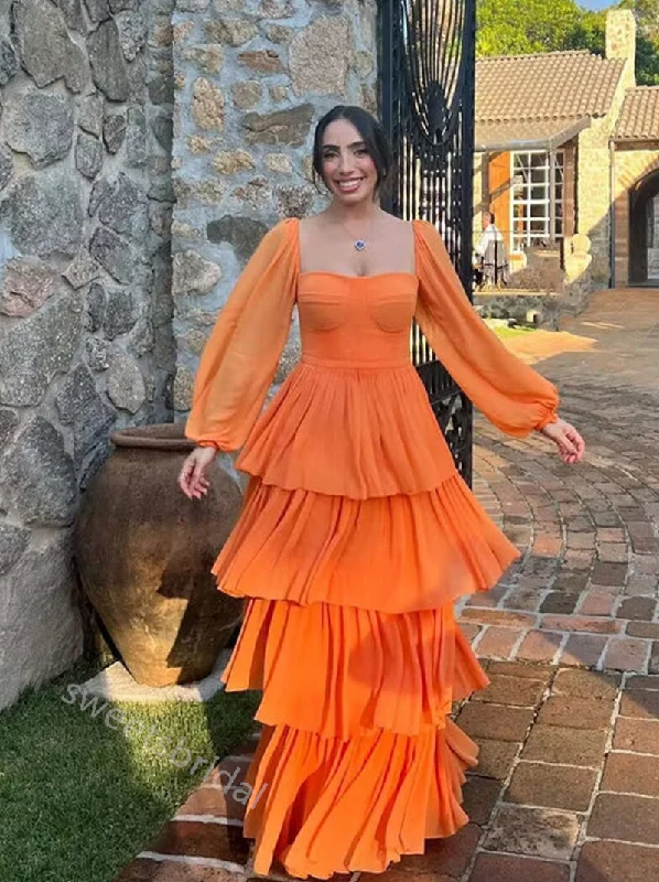 Orange Long Sleeves Ruffle A-line Long Floor Length Prom Dress,SWS2370