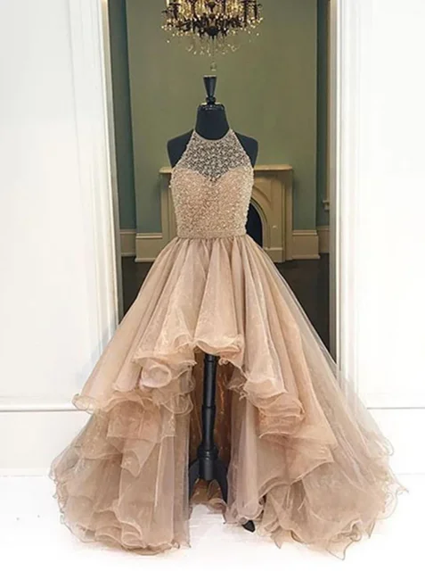 Champagne Round Neck High Low Prom Dresses, High Low Champagne Formal Evening Dresses Champagne Round Neck High Low Prom Dresses, High Low Champagne Formal Evening Dresses