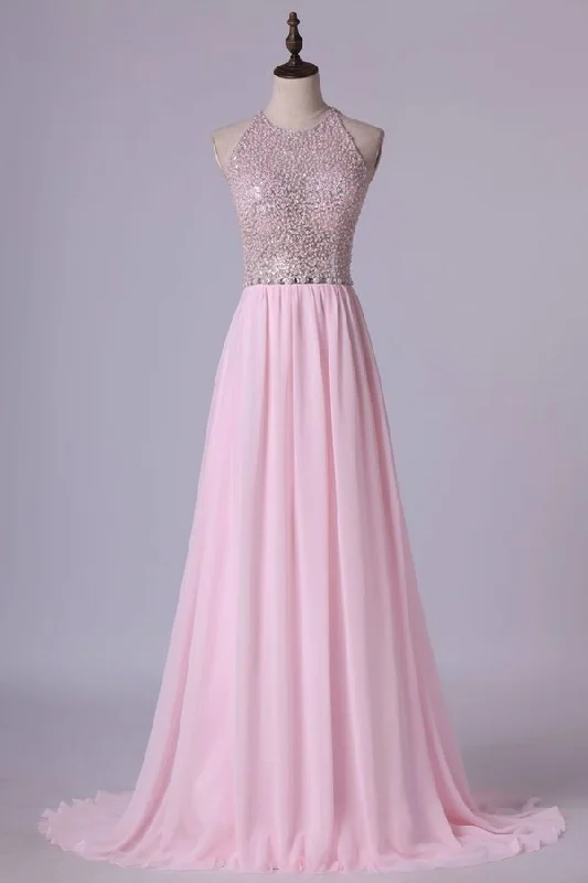 2024 Heavily Beaded Bodice Scoop A Line Prom Dresses Chiffon Open PXHDBN73