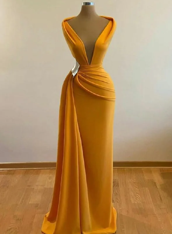 Yellow Mermaid Prom Dresses Deep V Neck Sexy Evening Dress Cocktail Party Sweep Train Formal Occasion Wear Y4931 Yellow Mermaid Prom Dresses Deep V Neck Sexy Evening Dress Cocktail Party Sweep Train Formal Occasion Wear Y4931