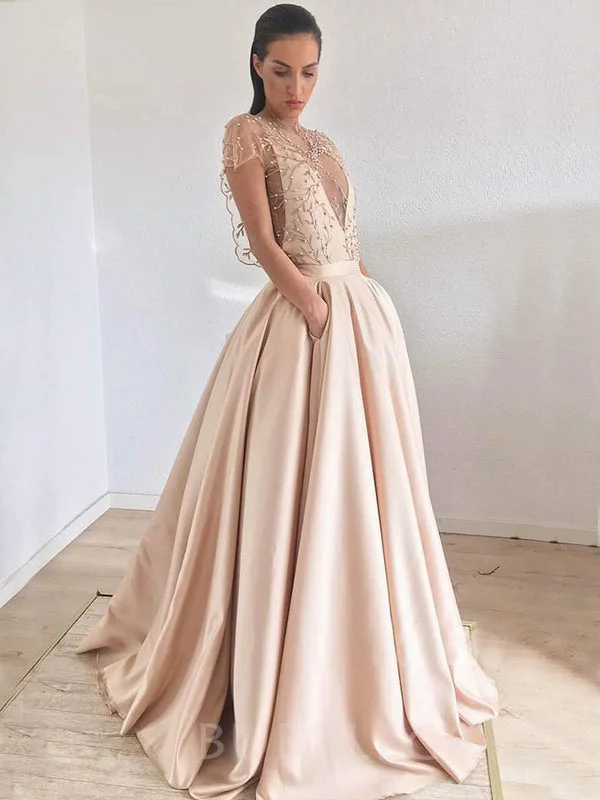 A-line Chic Jewel Embroidery Champagne Satin Long Evening Prom Dresses, Cheap Custom prom dresses, MR7688 A-line Chic Jewel Embroidery Champagne Satin Long Evening Prom Dresses, Cheap Custom prom dresses, MR7688