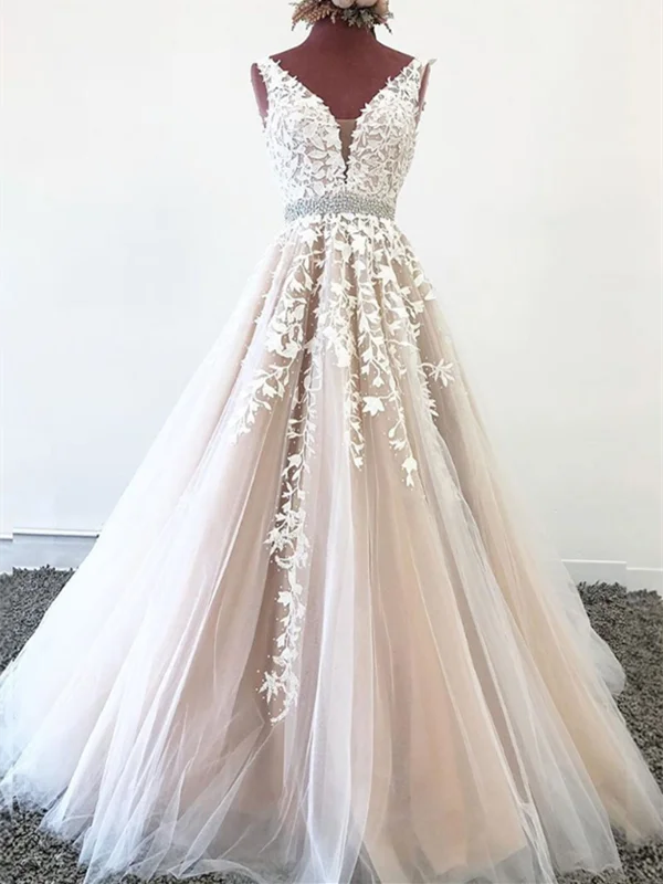Stylish V Neck Champagne Tulle Long Prom Dress With White Applique, Champagne Lace Evening Dress Stylish V Neck Champagne Tulle Long Prom Dress With White Applique, Champagne Lace Evening Dress
