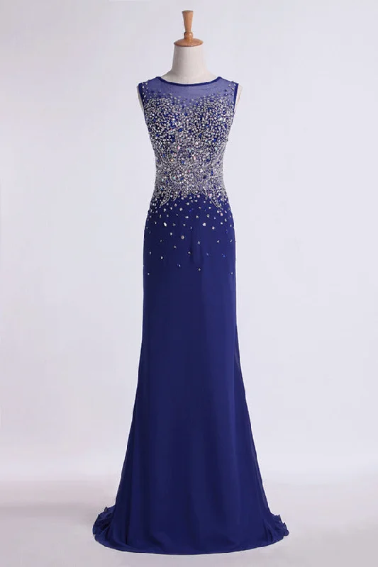 2024 Prom Dresses Scoop Sheath Beaded Tulle Bodice With Long P562JGS9