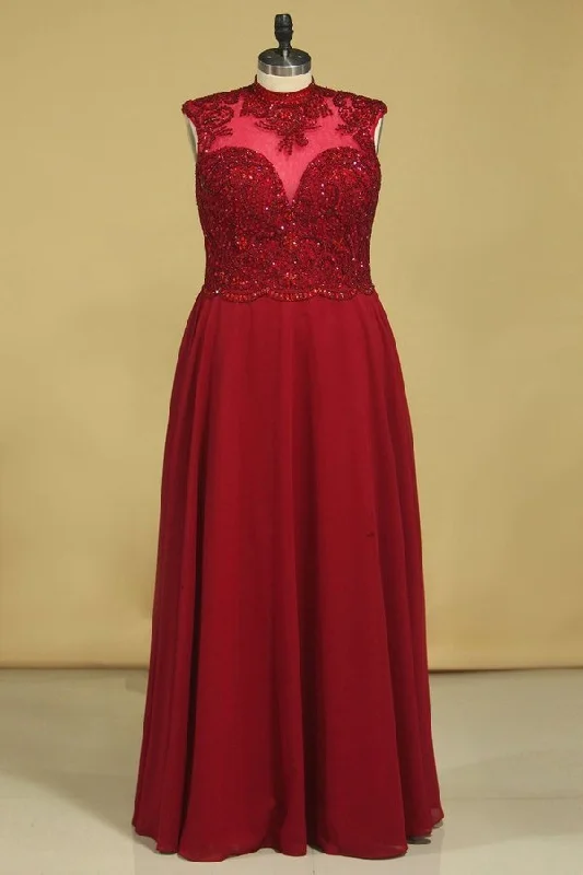 2024 High Neck Prom Dresses Beaded Bodice Burgundy/Maroon A Line Chiffon Open PQKPMJ11