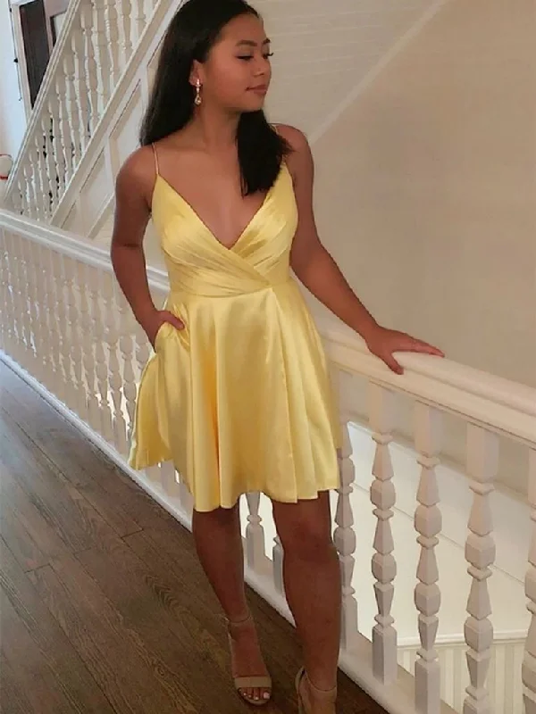 V Neck Yellow Satin Short Prom Dresses, Homecoming Dresses, V Neck Yellow Formal Graduation Evening Dresses V Neck Yellow Satin Short Prom Dresses, Homecoming Dresses, V Neck Yellow Formal Graduation Evening Dresses