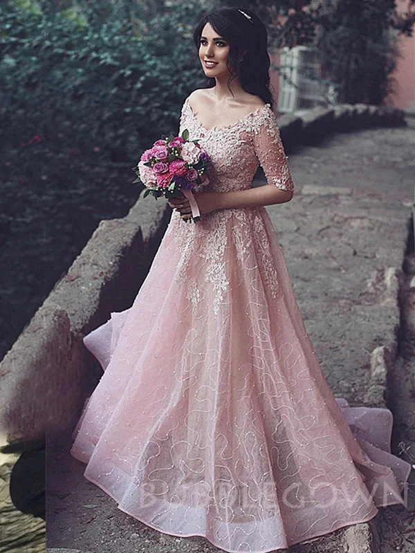 A-line Pink Tulle Appliques Lace Long Evening Prom Dresses, Cheap Custom Prom Dresses, MR7767 A-line Pink Tulle Appliques Lace Long Evening Prom Dresses, Cheap Custom Prom Dresses, MR7767