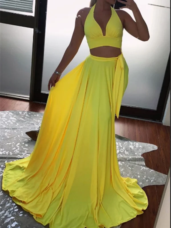 Simple Yellow Two Pieces Long Prom Dress, Yellow 2 Pieces Long Formal Evening Graduation Dress Simple Yellow Two Pieces Long Prom Dress, Yellow 2 Pieces Long Formal Evening Graduation Dress
