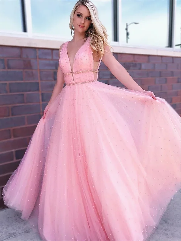 A Line V Neck Pink Beaded Long Prom Dresses, Pink Long Beaded Formal Evening Graduation Dresses A Line V Neck Pink Beaded Long Prom Dresses, Pink Long Beaded Formal Evening Graduation Dresses