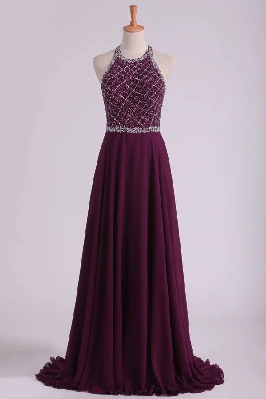 2024 Grape A Line Prom Dresses Halter Beaded Bodice Open Back Sweep Train Chiffon & PKEBFCJM 2024 Grape A Line Prom Dresses Halter Beaded Bodice Open Back Sweep Train Chiffon & PKEBFCJM