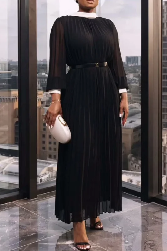 Stylish Pleated Belted Long Dress