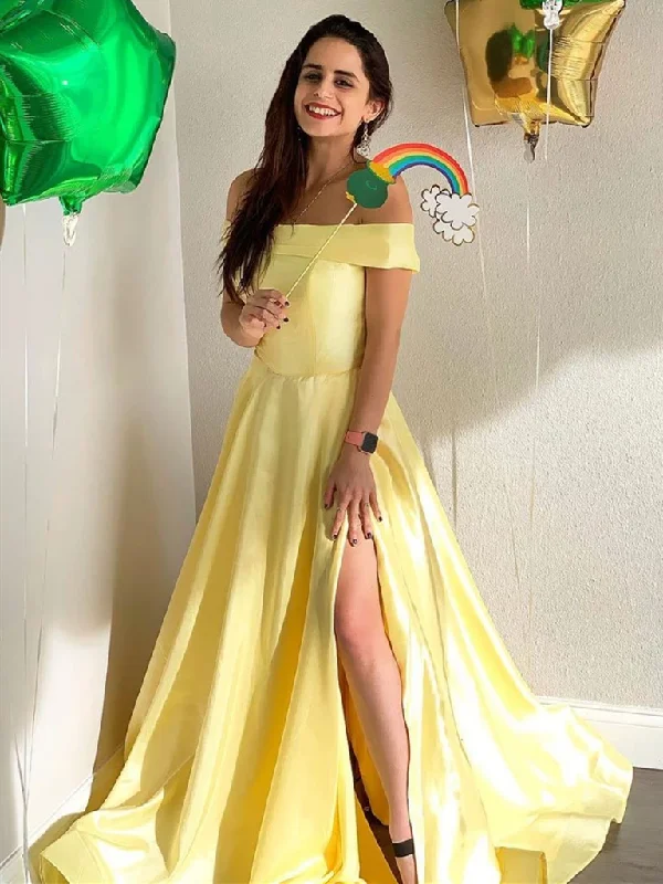 Simple Off Shoulder Yellow Satin Long Prom Dresses with Slit, Off Shoulder Yellow Formal Dresses, Yellow Evening Dresses Simple Off Shoulder Yellow Satin Long Prom Dresses with Slit, Off Shoulder Yellow Formal Dresses, Yellow Evening Dresses