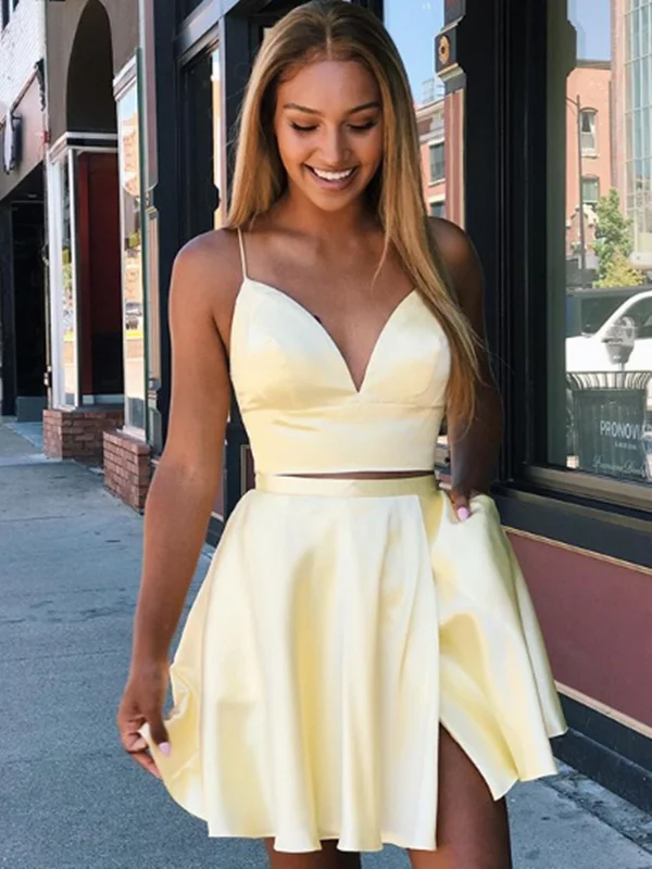 V Neck Two Pieces Yellow Short Prom Dresses, 2 Pieces Short Yellow Formal Homecoming Dresses V Neck Two Pieces Yellow Short Prom Dresses, 2 Pieces Short Yellow Formal Homecoming Dresses