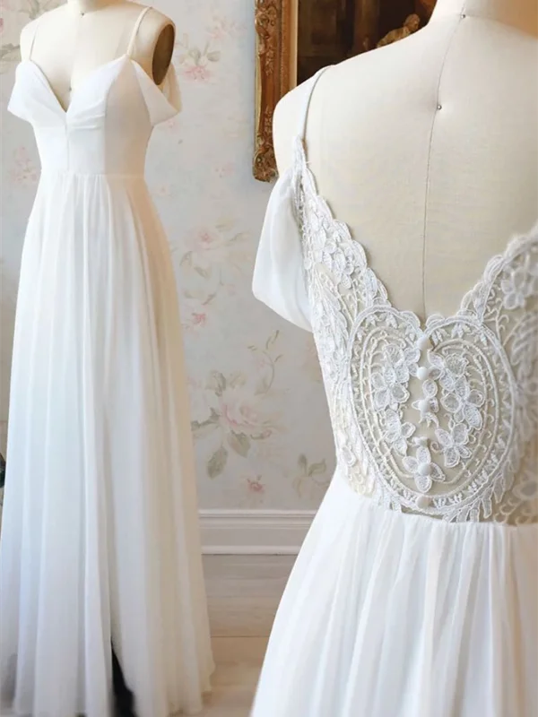 Simple White Off Shoulder Chiffon Lace Long Prom Dresses, White Off The Shoulder Lace Evening Dresses Simple White Off Shoulder Chiffon Lace Long Prom Dresses, White Off The Shoulder Lace Evening Dresses