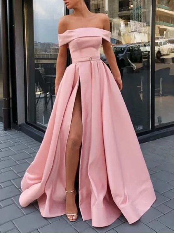 Pink Off Shoulder Satin Long Prom Dresses With High Slit, Pink Formal Dresses, Off The Shoulder Evening Dresses Pink Off Shoulder Satin Long Prom Dresses With High Slit, Pink Formal Dresses, Off The Shoulder Evening Dresses