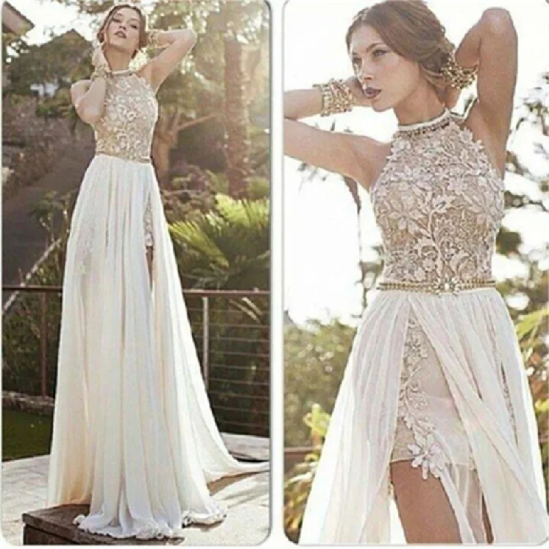 Popular Backless Sexy High Neck Side Slit Ivory Inexpensive Lace Evening Party Long Prom Dresses, PD0018 Popular Backless Sexy High Neck Side Slit Ivory Inexpensive Lace Evening Party Long Prom Dresses, PD0018