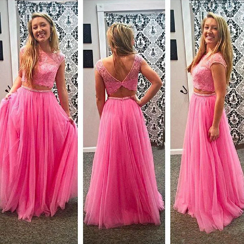 Junior Pretty Two Pieces Lace Pink Tulle Open Back Formal Cheap Long Prom Dresses, WG256 Junior Pretty Two Pieces Lace Pink Tulle Open Back Formal Cheap Long Prom Dresses, WG256