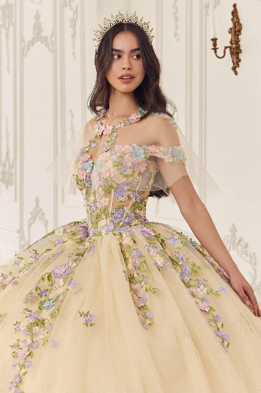 SAPHIRELLE Sheer Capelet Corset Applique Quinceañera Ball Gown Dress