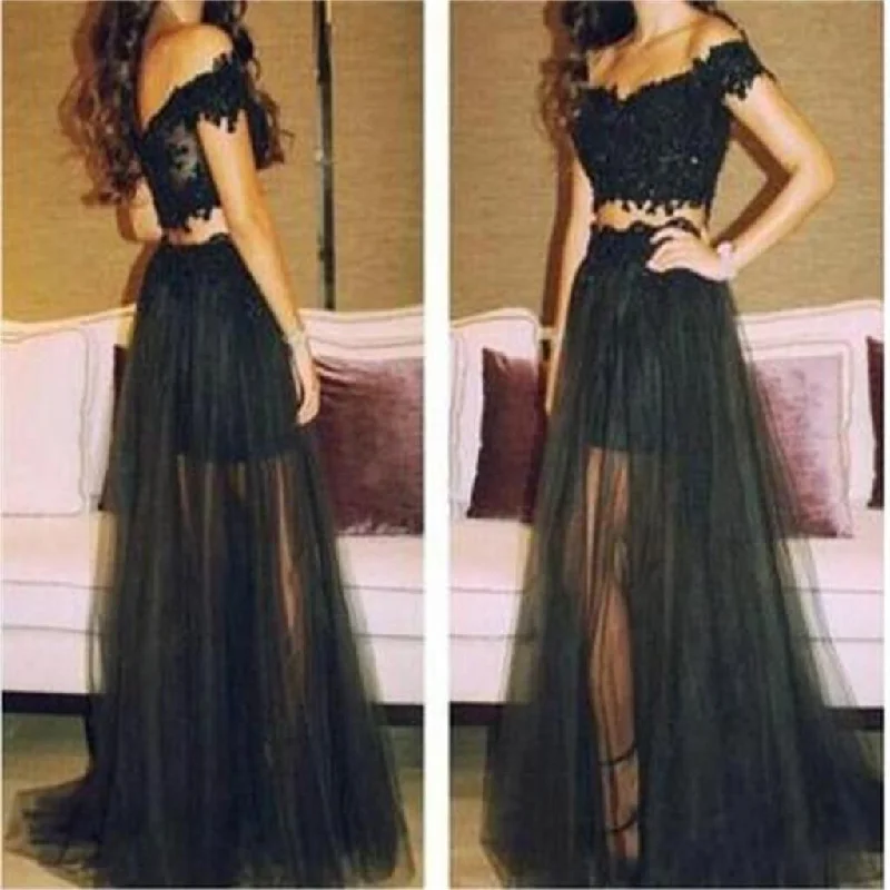 Online Junior Black Lace Off Shoulder Tulle Long Two Pieces Party Evening Prom Dresses, PD0081 Online Junior Black Lace Off Shoulder Tulle Long Two Pieces Party Evening Prom Dresses, PD0081