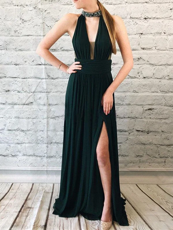 Chic Halter Dark Green Open Back Chiffon Long Prom Dress With Beading Split Keyhole, Dark Green Formal Evening Dress Chic Halter Dark Green Open Back Chiffon Long Prom Dress With Beading Split Keyhole, Dark Green Formal Evening Dress
