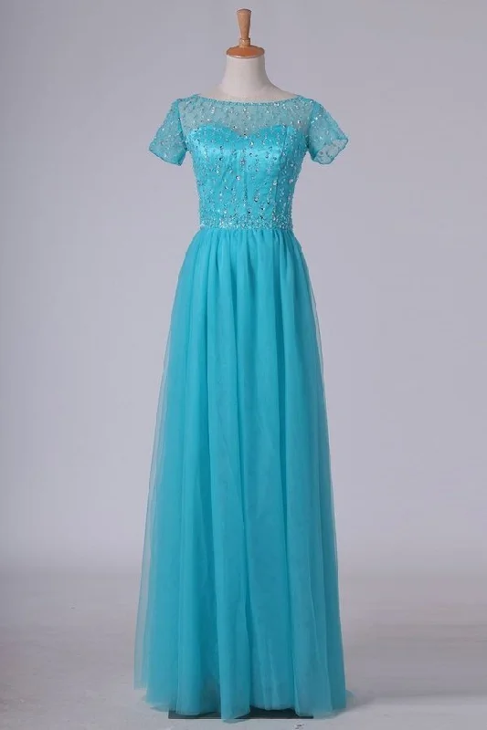 2024 Prom Dress Bateau Short Sleeves A Line With Beading PLRHYHGJ