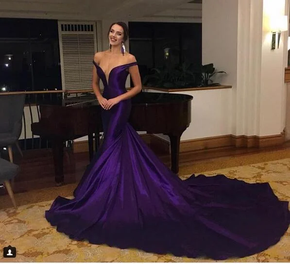 Purple Mermaid Prom Dresses Off the Shoulder Satin Evening Formal Gowns Chapel Train Y1842 Purple Mermaid Prom Dresses Off the Shoulder Satin Evening Formal Gowns Chapel Train Y1842