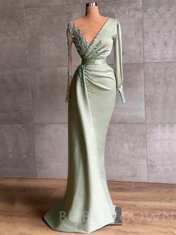 Mermaid Sage Satin V-neck Long Sleeves Long Evening Prom Dresses, Cheap Custom prom dresses, MR7710 Mermaid Sage Satin V-neck Long Sleeves Long Evening Prom Dresses, Cheap Custom prom dresses, MR7710