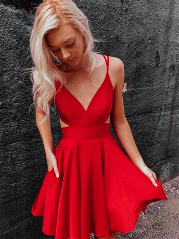 Simple A Line V Neck Red Satin Short Prom Dresses, V Neck Red Formal Dresses, Red Evening Dresses Simple A Line V Neck Red Satin Short Prom Dresses, V Neck Red Formal Dresses, Red Evening Dresses