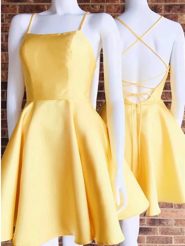 Custom Made Yellow Spaghetti Straps Short Satin Prom Homecoming Dress , Short Backless School Dance Dress Custom Made Yellow Spaghetti Straps Short Satin Prom Homecoming Dress , Short Backless School Dance Dress