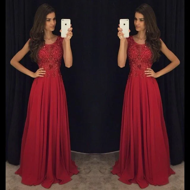 Red Cheap Formal A Line Modest Floor Length Chiffon Prom Dress, WG287