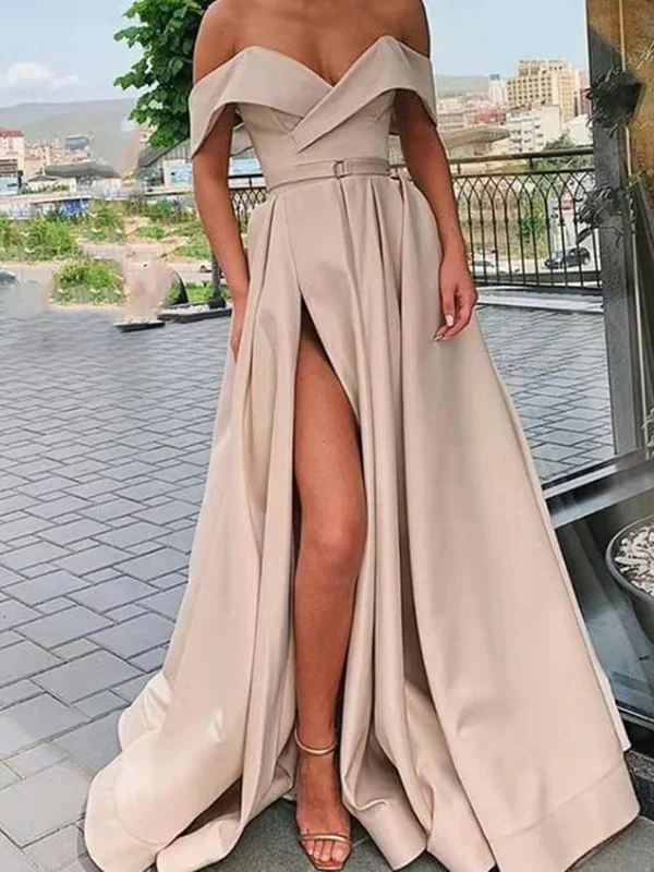 Champagne Off Shoulder Satin Long Prom Dresses With High Slit, Champagne Formal Dresses, Off The Shoulder Evening Dresses Champagne Off Shoulder Satin Long Prom Dresses With High Slit, Champagne Formal Dresses, Off The Shoulder Evening Dresses