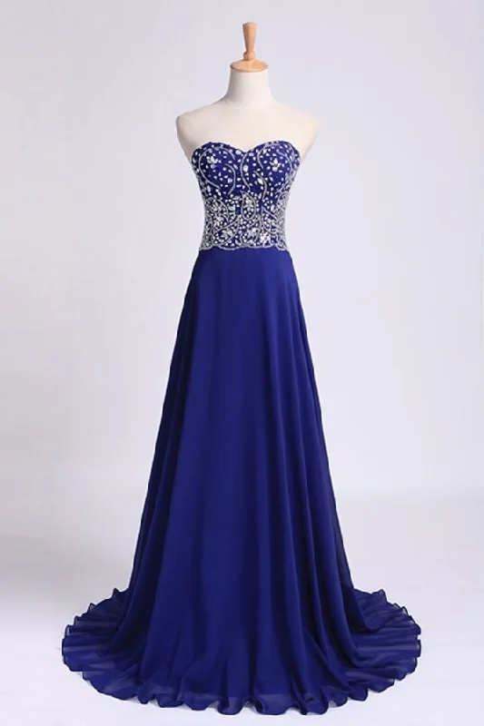 2024 Prom Dress Sweetheart Beaded Bodice A Line Chiffon Dark Royal P6JHK3Z1