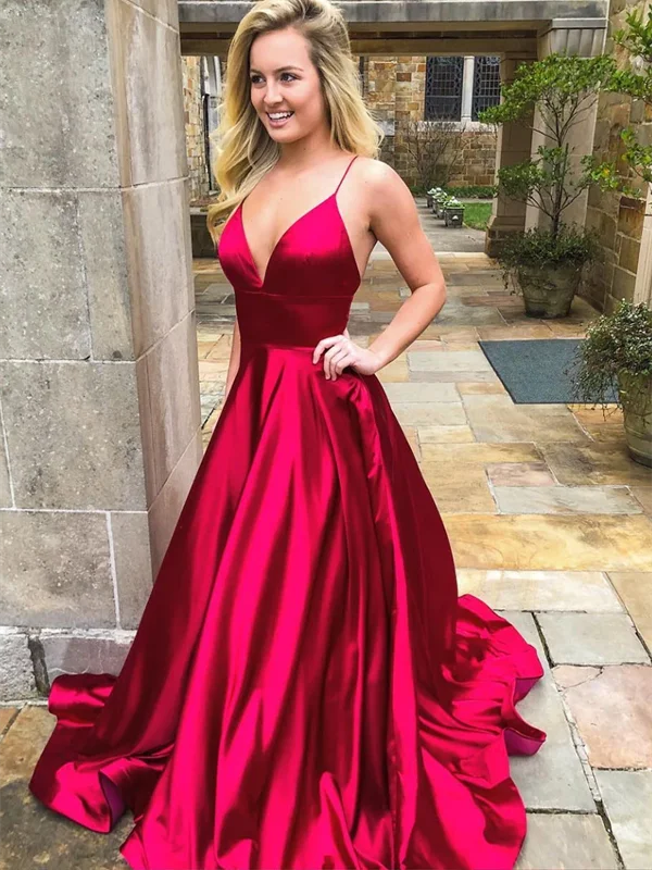Simple V Neck Burgundy Satin Long Prom Dresses, V Neck Burgundy Satin Long Formal Evening Dresses Simple V Neck Burgundy Satin Long Prom Dresses, V Neck Burgundy Satin Long Formal Evening Dresses