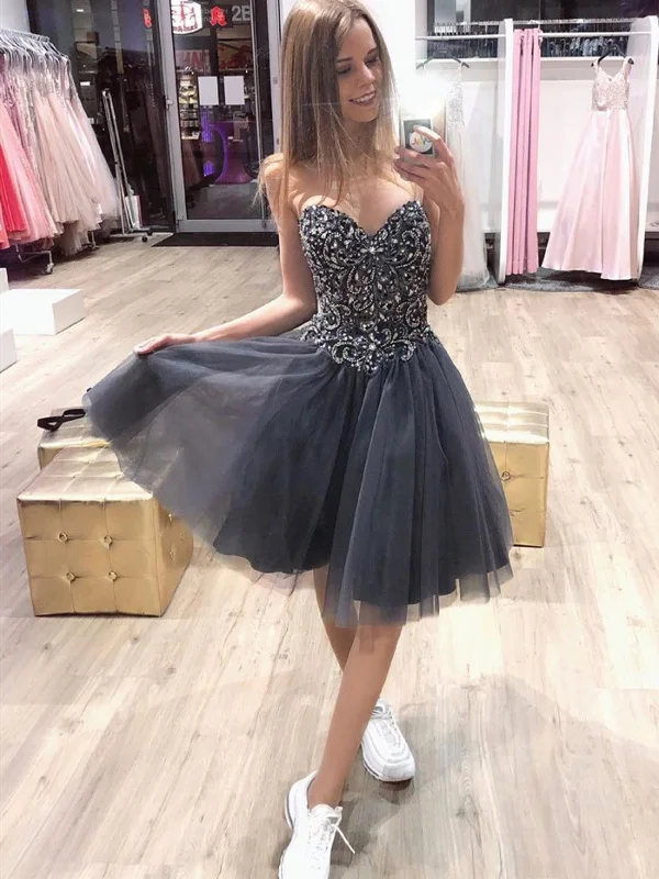 Gray Sweetheart Neck Tulle Beads Short Prom Dress, Gray Sweetheart Neck Tulle Beads Short Homecoming Dress Gray Sweetheart Neck Tulle Beads Short Prom Dress, Gray Sweetheart Neck Tulle Beads Short Homecoming Dress
