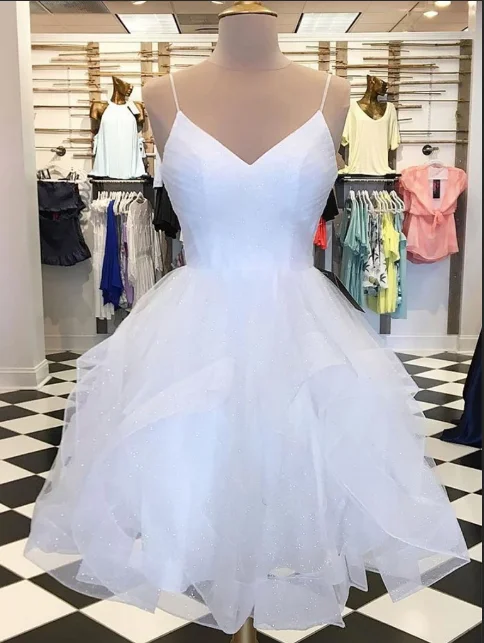 V Neck Short White Tulle Prom Dresses, Short White Homecoming Graduation Formal Dresses V Neck Short White Tulle Prom Dresses, Short White Homecoming Graduation Formal Dresses
