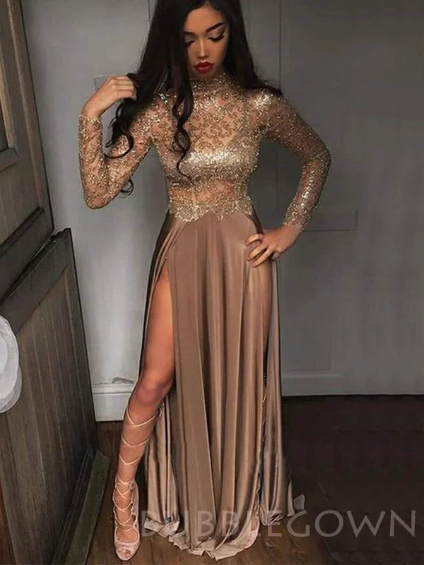 Sexy Throuth Long Sleeves High Neck A-line Long Backless Evening Prom Dresses, MR7674 Sexy Throuth Long Sleeves High Neck A-line Long Backless Evening Prom Dresses, MR7674