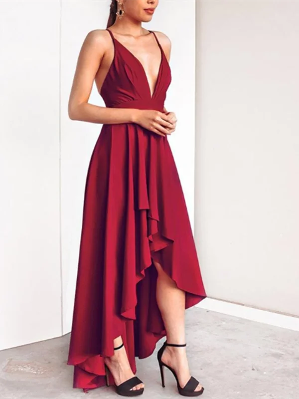 V Neck Burgundy High Low Prom Dresses, Burgundy High Low Graduation Formal Evening Dresses V Neck Burgundy High Low Prom Dresses, Burgundy High Low Graduation Formal Evening Dresses
