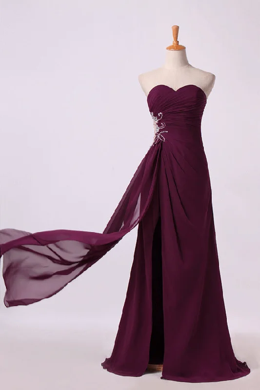 2024 Prom Dresses A Line Ruffled Bodice Beaded With Slit Floor PBSAH3RF