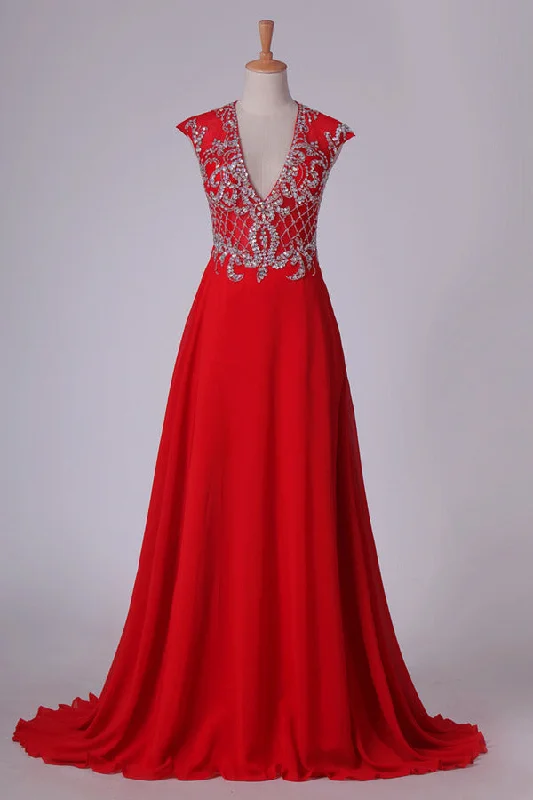 2024 Prom Dress V Neck Open Back Chiffon With Beading Sweep PGP2GET6