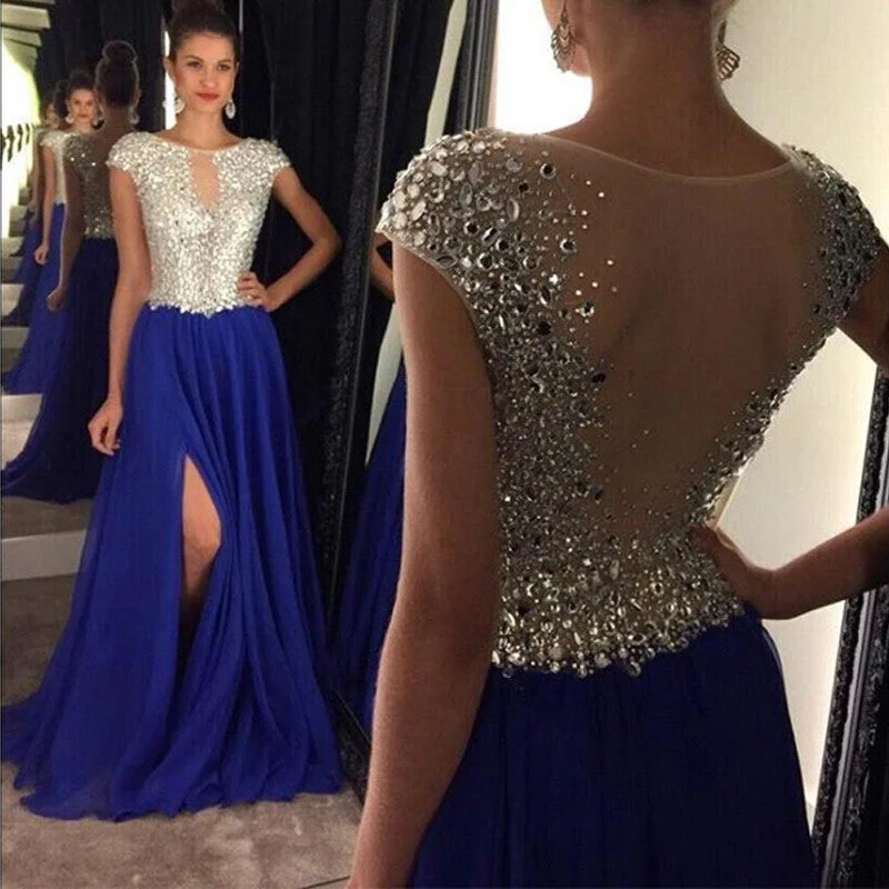 Cap Sleeve See Through Back Side Slit Royal Blue Shinning Sexy Long Prom Dresses, WG285 Cap Sleeve See Through Back Side Slit Royal Blue Shinning Sexy Long Prom Dresses, WG285