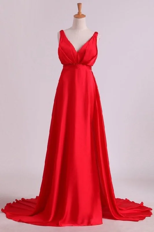 2024 A Line V Neck Deep V Back Prom Dresses Chiffon With Slit Court PZC7ECNP